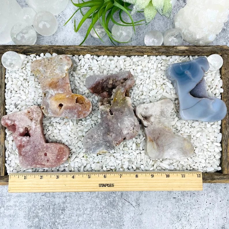 Pink Amethyst Druzy and agate stone Stocking shapes, next to a ruler for size reference