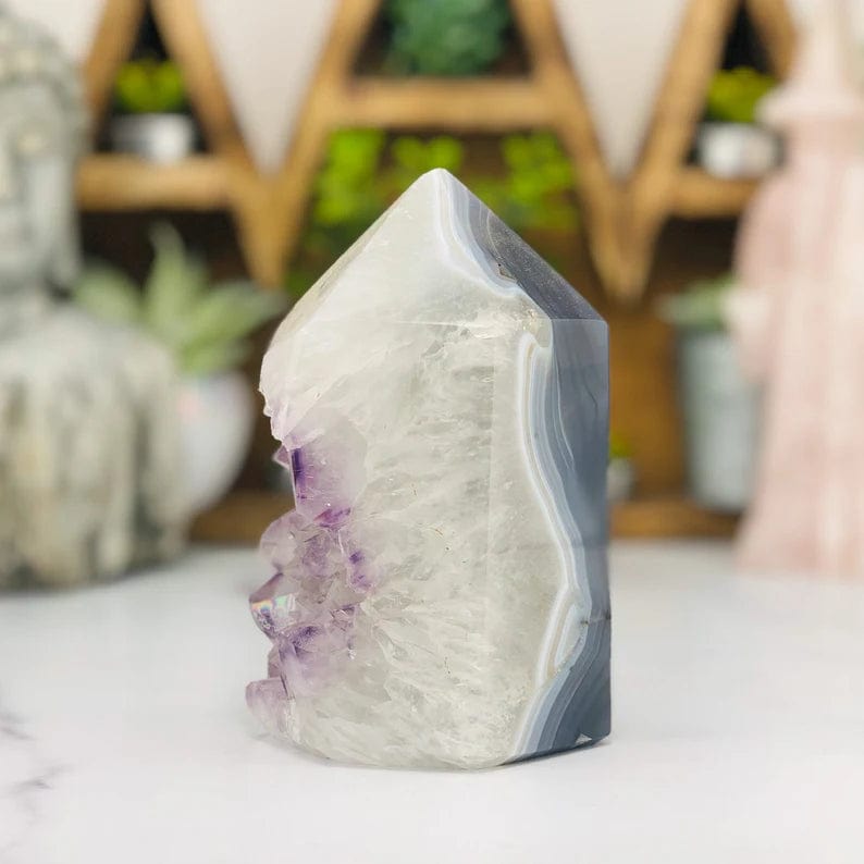 Amethyst Agate Druzy Polished Tower Point side view