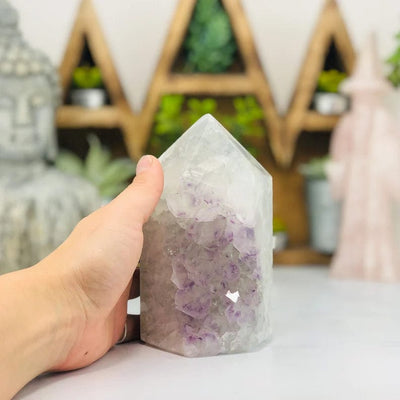 Amethyst Agate Druzy Polished Tower Point with a hand