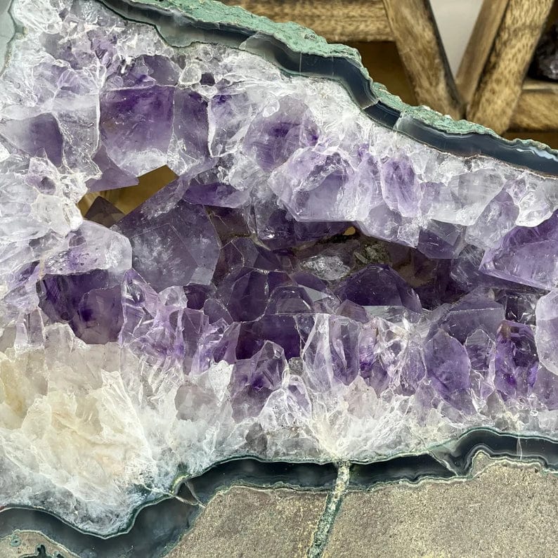 Close up of platter showing amethyst crystal formations.