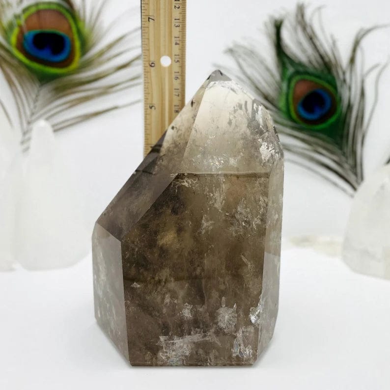 Smoky Quartz Polished Point front view next to a ruler for size comparison