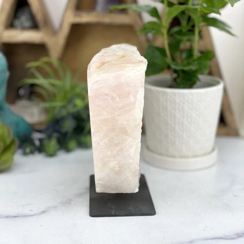 Rose Quartz on Metal Stand side view to show the thickness