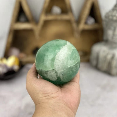 Green Fluorite Polished Sphere on hand for size comparison
