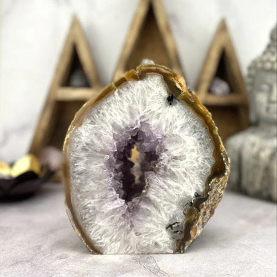 Amethyst Polished Cut Base Slab front view showing center druzy that you can see through the slab