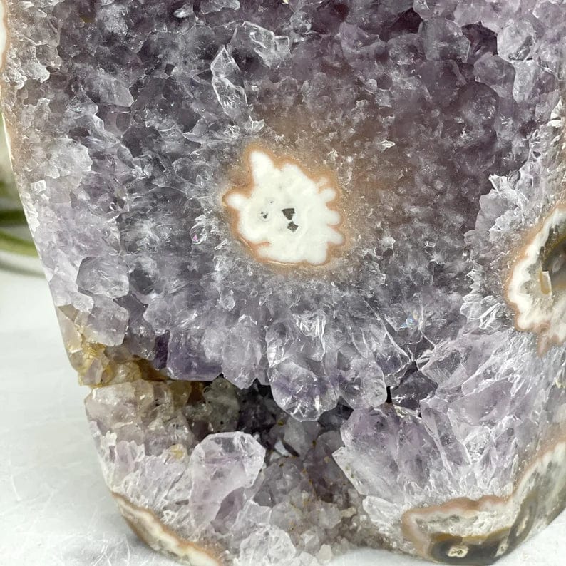 Amethyst Stalactite Freeform Cut Base up close of crystals