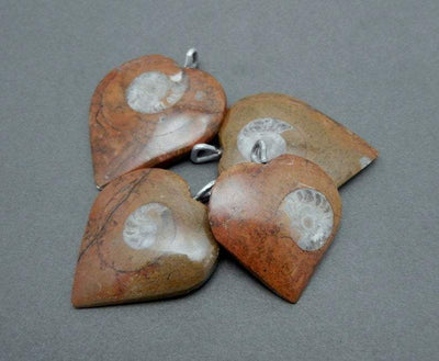 multiple heart shaped ammonite pendants with silver plated bail pictured on top of each other to show different designs