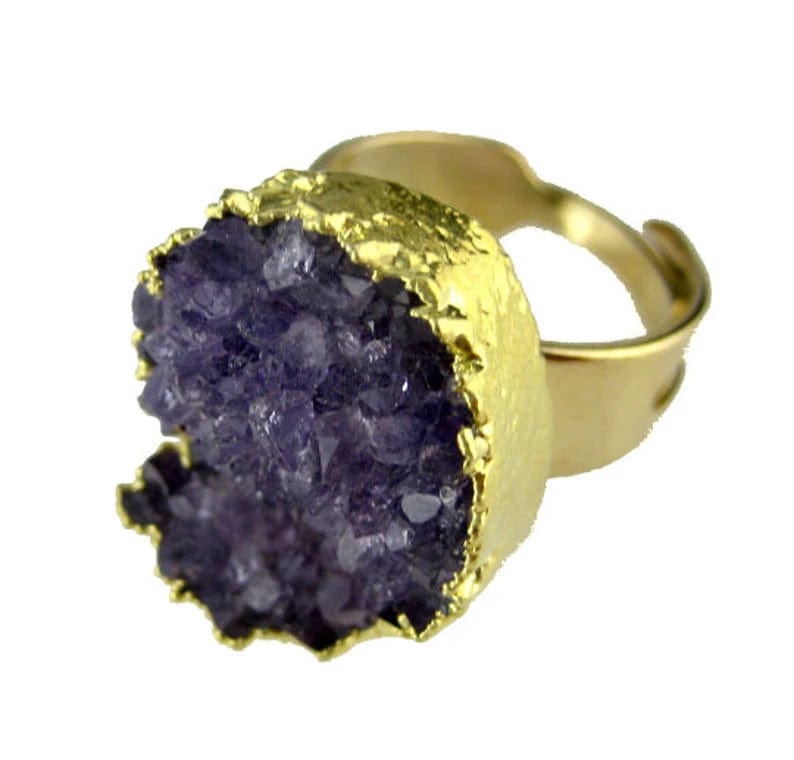 1 Amethyst Freeform Cluster Druzy Adjustable Ring with Electroplated Gold Edge up close