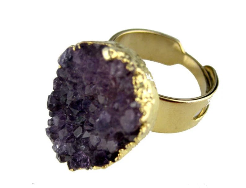 Amethyst Freeform Cluster Druzy Adjustable Ring with Electroplated Gold Edge  up close
