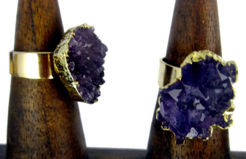 2 Amethyst Freeform Cluster Druzy Adjustable Rings with Electroplated Gold Edge  up close from different angles