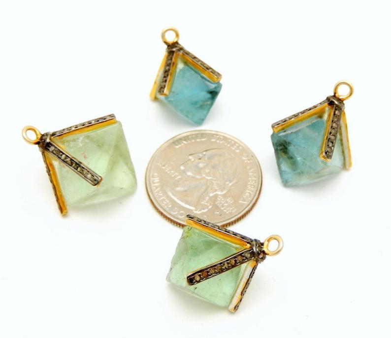 Four Pave Diamond Blue/Green Fluorite Pendant with Gold Over Sterling Silver Cap and Bail Media next to quarter for size comparison 
