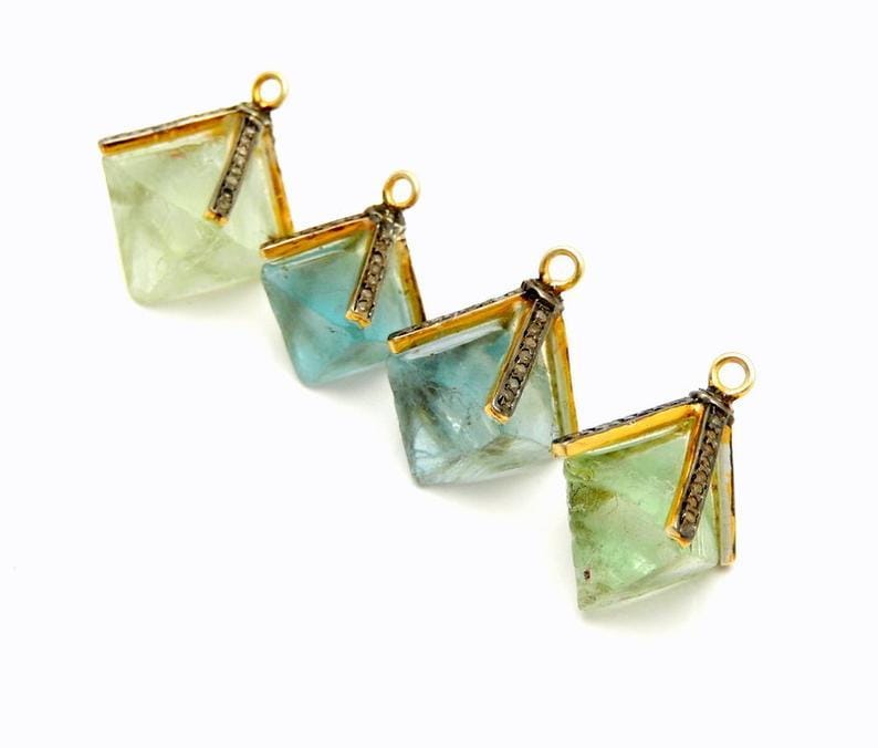 Four Pave Diamond Blue/Green Fluorite Pendant with Gold Over Sterling Silver Cap and Bail Media side view