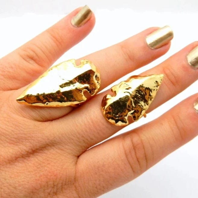 Gold Dipped Arrowhead Ring with Electroplated 24k Gold Edges on an Adjustable Bands on a hand for size reference