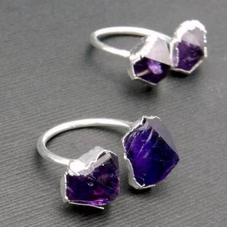 2 Double Amethyst Point Ring with Electroplated Silver Edges on an Adjustable Rings