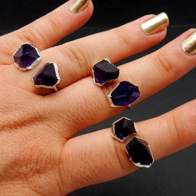 Double Amethyst Point Ring with Electroplated Silver Edges on an Adjustable Ring on fingers for size reference