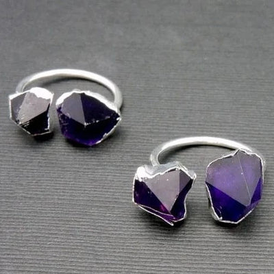 Double Amethyst Point Ring with Electroplated Silver Edges on an Adjustable Rings from front angle