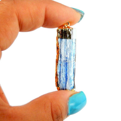 Blue Kyanite Bar Pendant with Electroplated 24k Gold Cap and Bail and Edge - held between 2 fingers