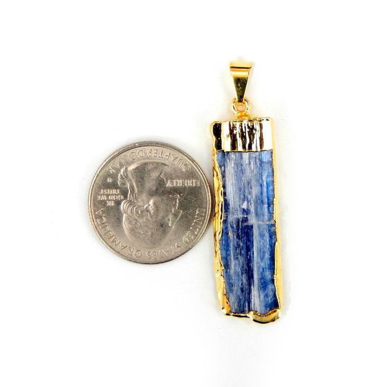 Blue Kyanite Bar Pendant with Electroplated 24k Gold Cap and Bail and Edge - next to s quarter