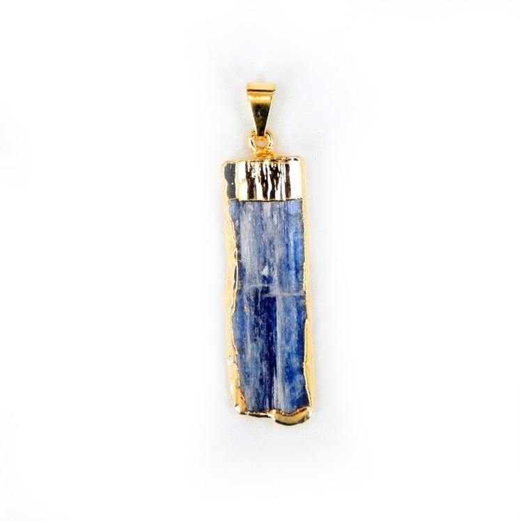 Blue Kyanite Bar Pendant with Electroplated 24k Gold Cap and Bail and Edge