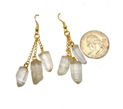 Crystal Quartz Points Dangling Earrings in gold with Quarter for size