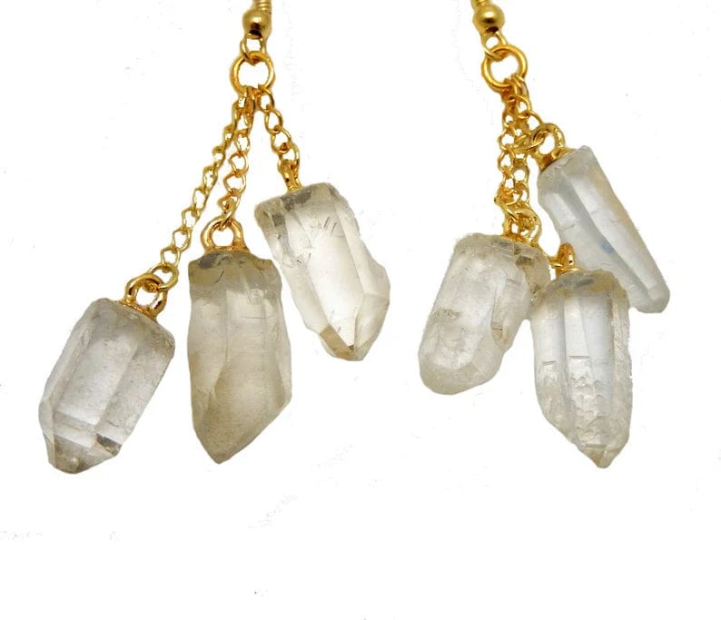 Crystal Quartz Points Dangling Earrings in gold , up close