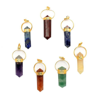 gold seven chakra point pendant set on display for content details