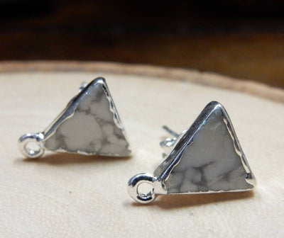 1 pair of white Howlite Triangle Stud Earrings with Hoop bail, front close up laying on their sides for color reference
