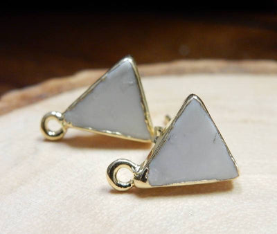 1 pair of white/gold Howlite Triangle Stud Earrings with Hoop bail, front close up laying on their sides for color reference
