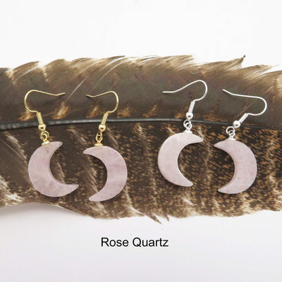 Two pairs of Rose Quartz Gemstone Moon Dangle Earrings in both silver and gold