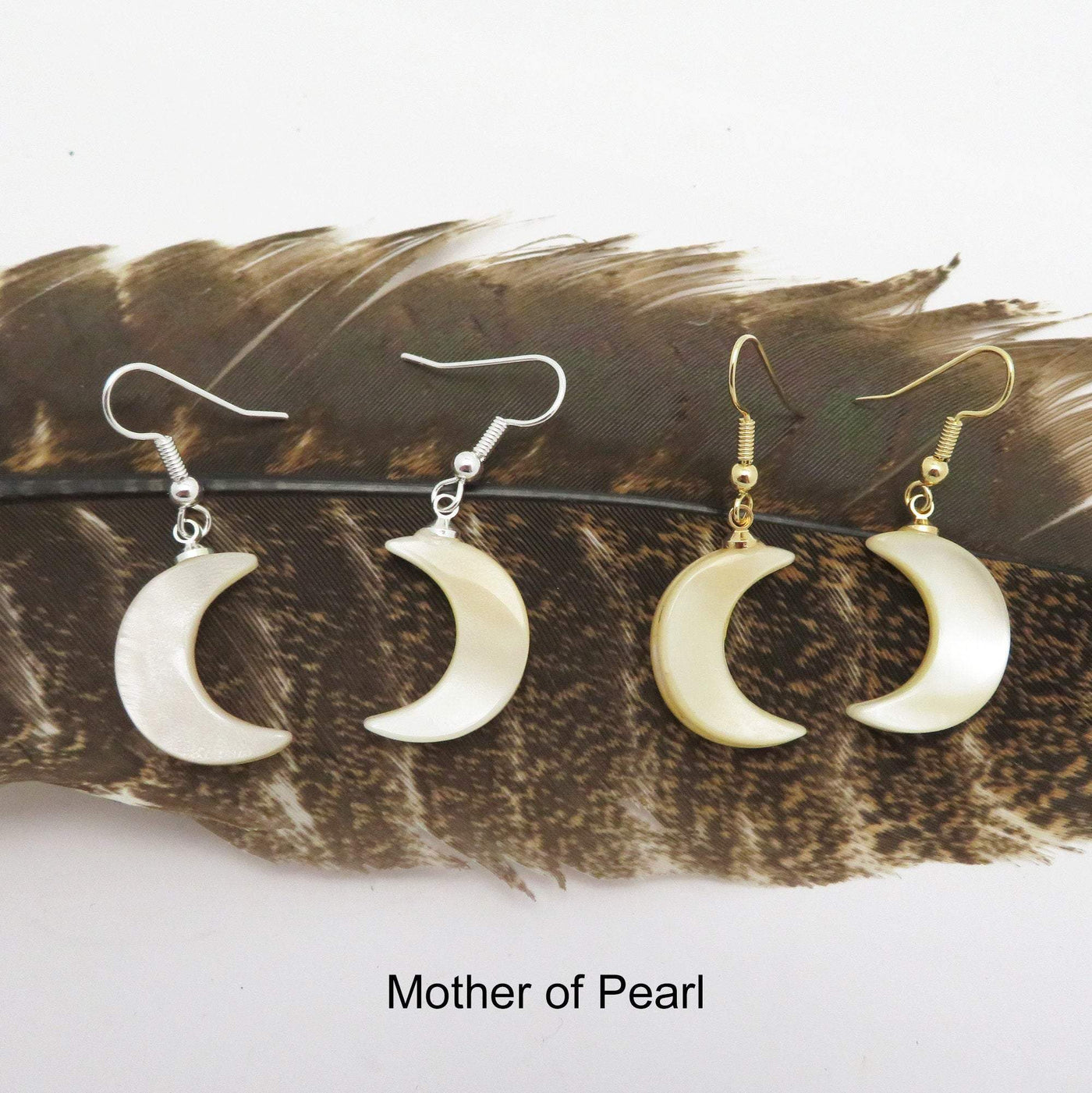 Two pairs of Mother of Pearl Gemstone Moon Dangle Earrings in both gold and silver