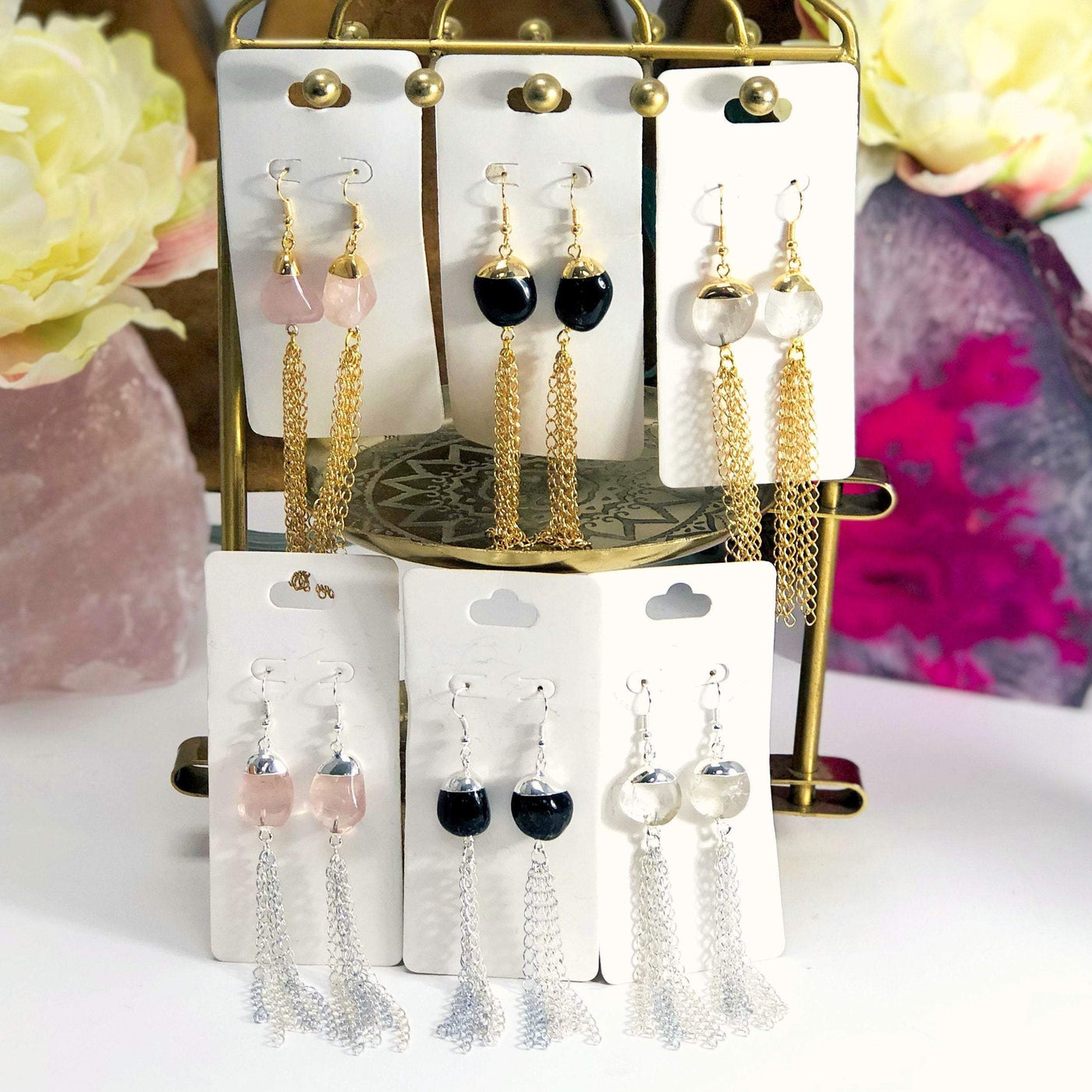 PAIR of Gemstone Earrings with tassels in Electroplated 24k Gold or Silver displayed to show they come in rose quartz black onyx and crystal quartz