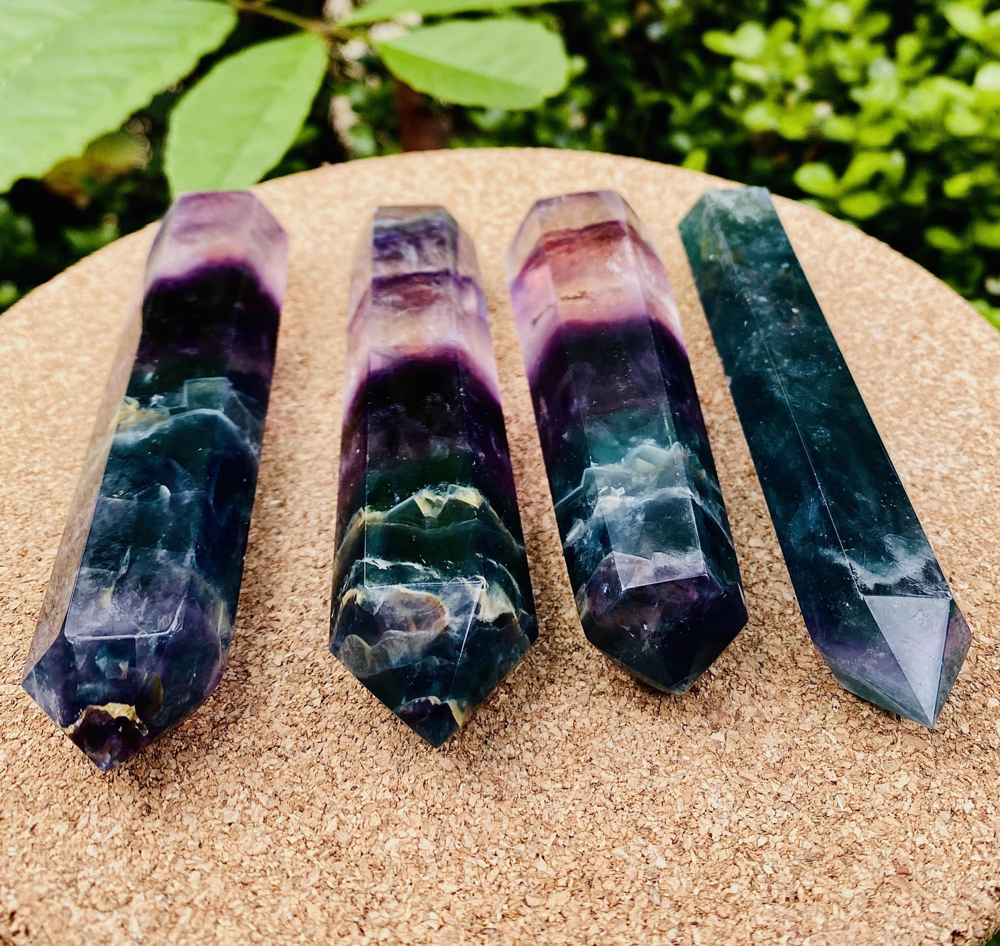 4 Rainbow Fluorite Polish Double-Point Wands on corkboard with plants blurred in the background