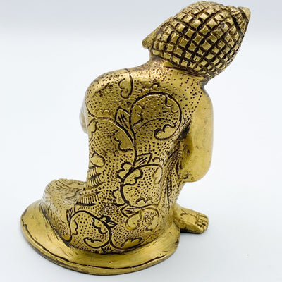 back view of Brass Resting Buddha Gold Head on Knee Statue on white background