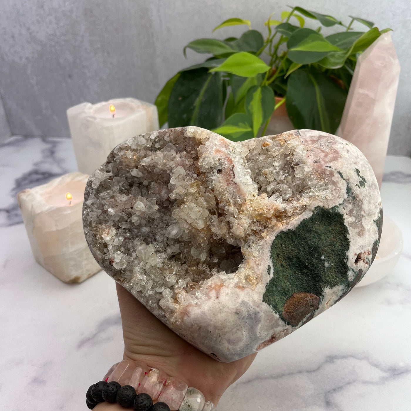 Pink Amethyst Druzy Heart With Hand For Size Reference 