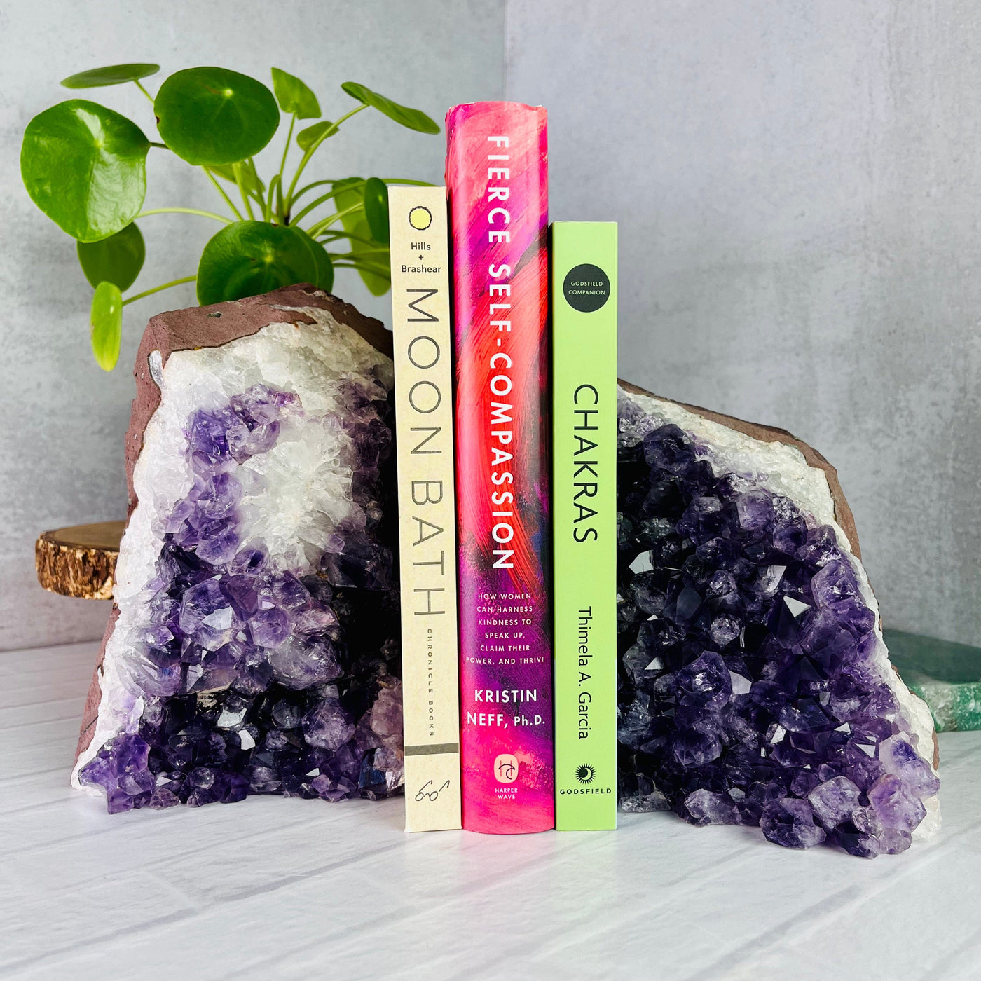 Frontal view of Amethyst Dark Point Bookend Set, with 3 books displayed in between.