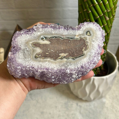 Amethyst stalactite formation.  The stalactite shows on the top and the bottom side is purple amethyst clusters.  Held in a woman's hand.