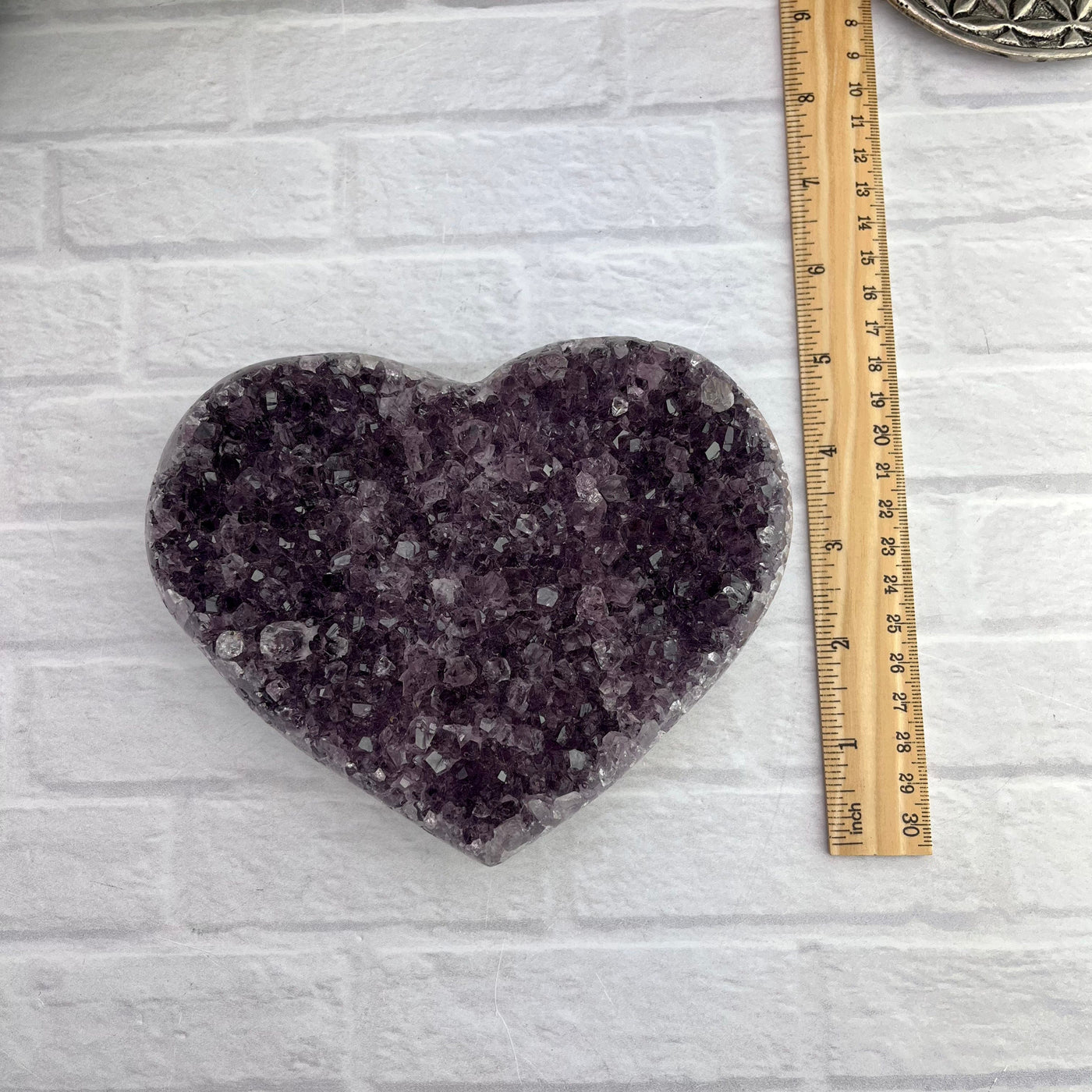  Purple Cluster Amethyst Druzy Heart Top view with ruler for size reference 