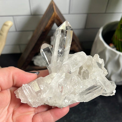 Crystal Quartz cluster with two prominent crystal points surrounded by many points held in a woman's hand.