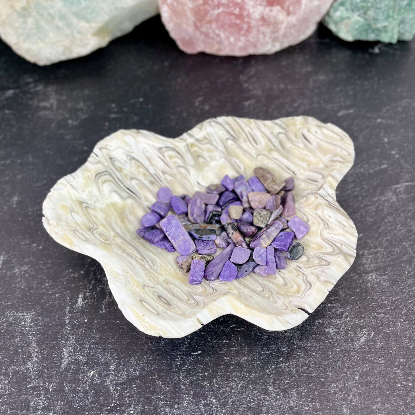Mexican Patterned Onyx Freeform Bowl pictured with tiny amethysts inside (not included)