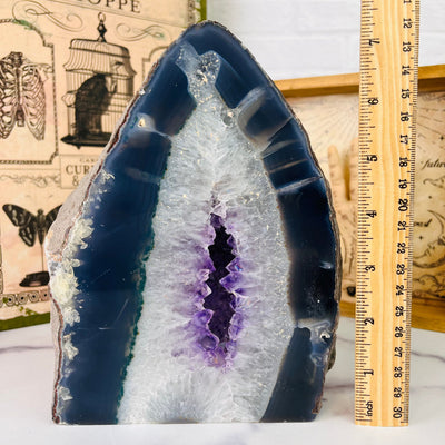 Front view of Agate Cut Base with Amethyst, pictured next to ruler