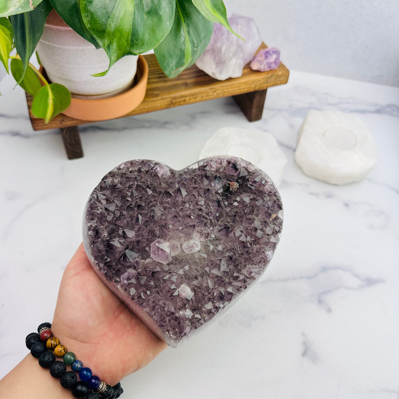 Amethyst Cluster Druzy Heart Hand Size Reference 