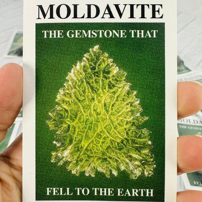 Front view of Moldavite information card included with each Moldavite piece.