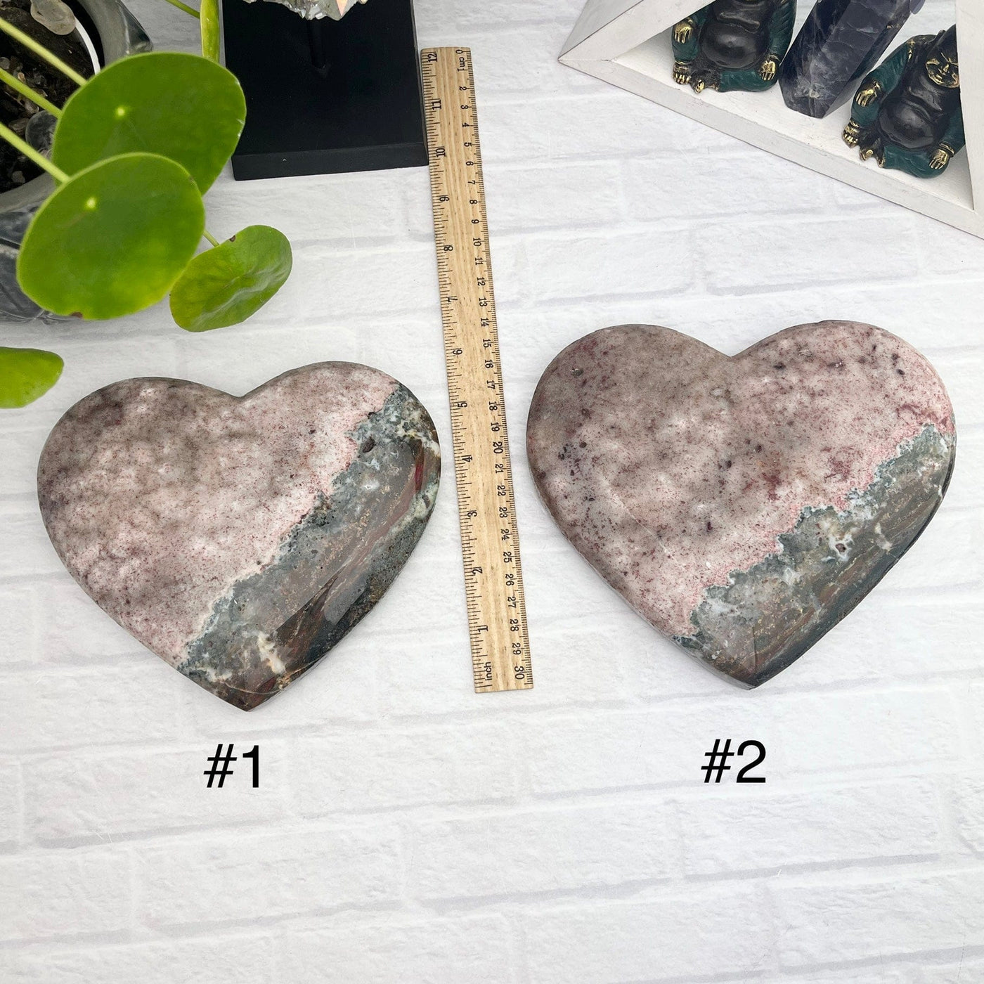 Hearts Of Pink Amethyst - YOU CHOOSE - top view of choices number one and two with a ruler for size reference 