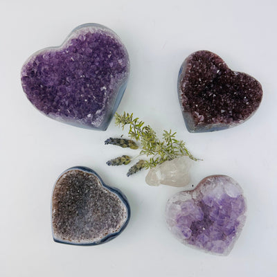 Amethyst Crystal Gemstone Hearts on display