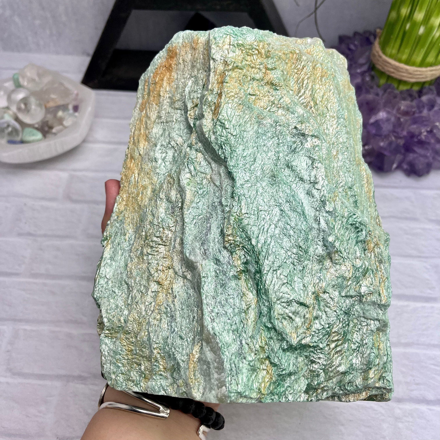 Green Free Form Fuchsite - holding in hand for size reference 