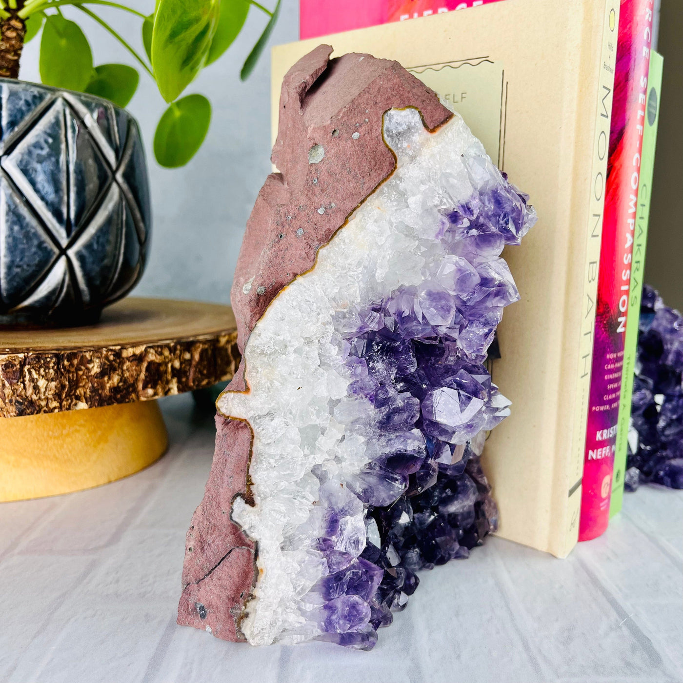 Up close view of left Amethyst Dark Point Bookend 