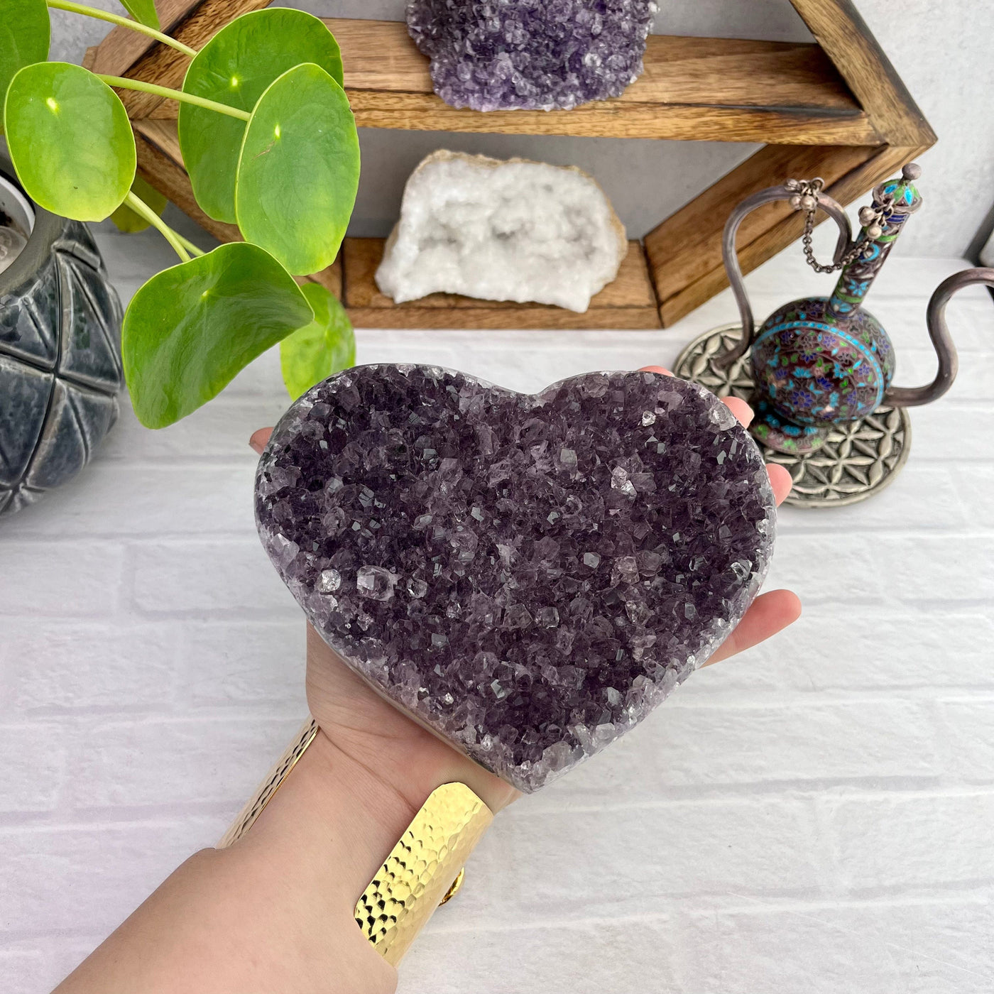  Purple Cluster Amethyst Druzy Heart Top View with hand for size reference 