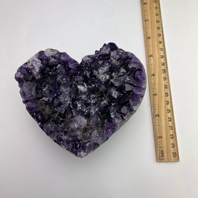 Purple Amethyst Heart Druzy Crystal with ruler for size reference 