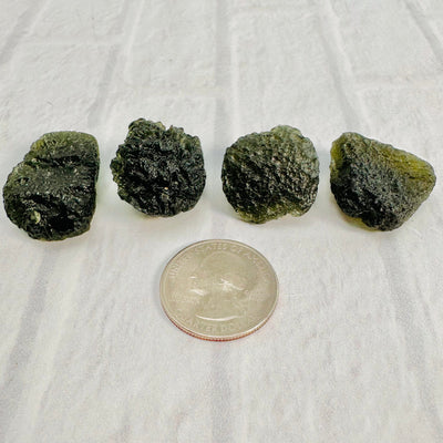 Four largest Moldavite pieces lined up next to each other and a quarter for size reference.