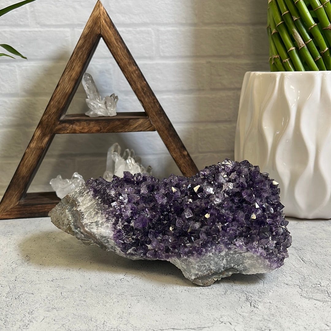 Large amethyst cluster formation on a gray background.