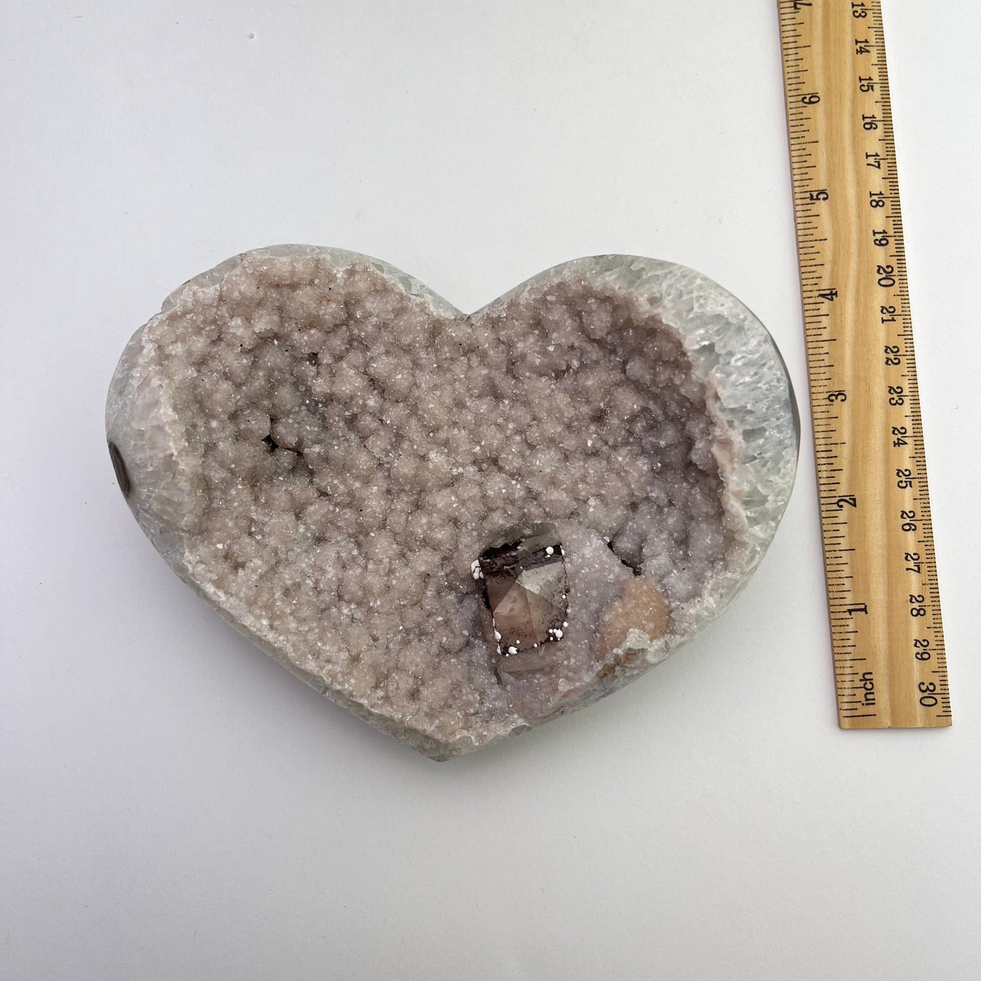 Natural Druzy Agate Heart With Calcite Formation with ruler for size reference 
